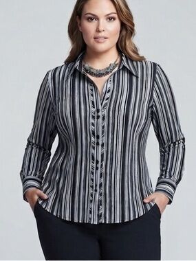 Plus-Size Black and White Striped Button-Down Shirt